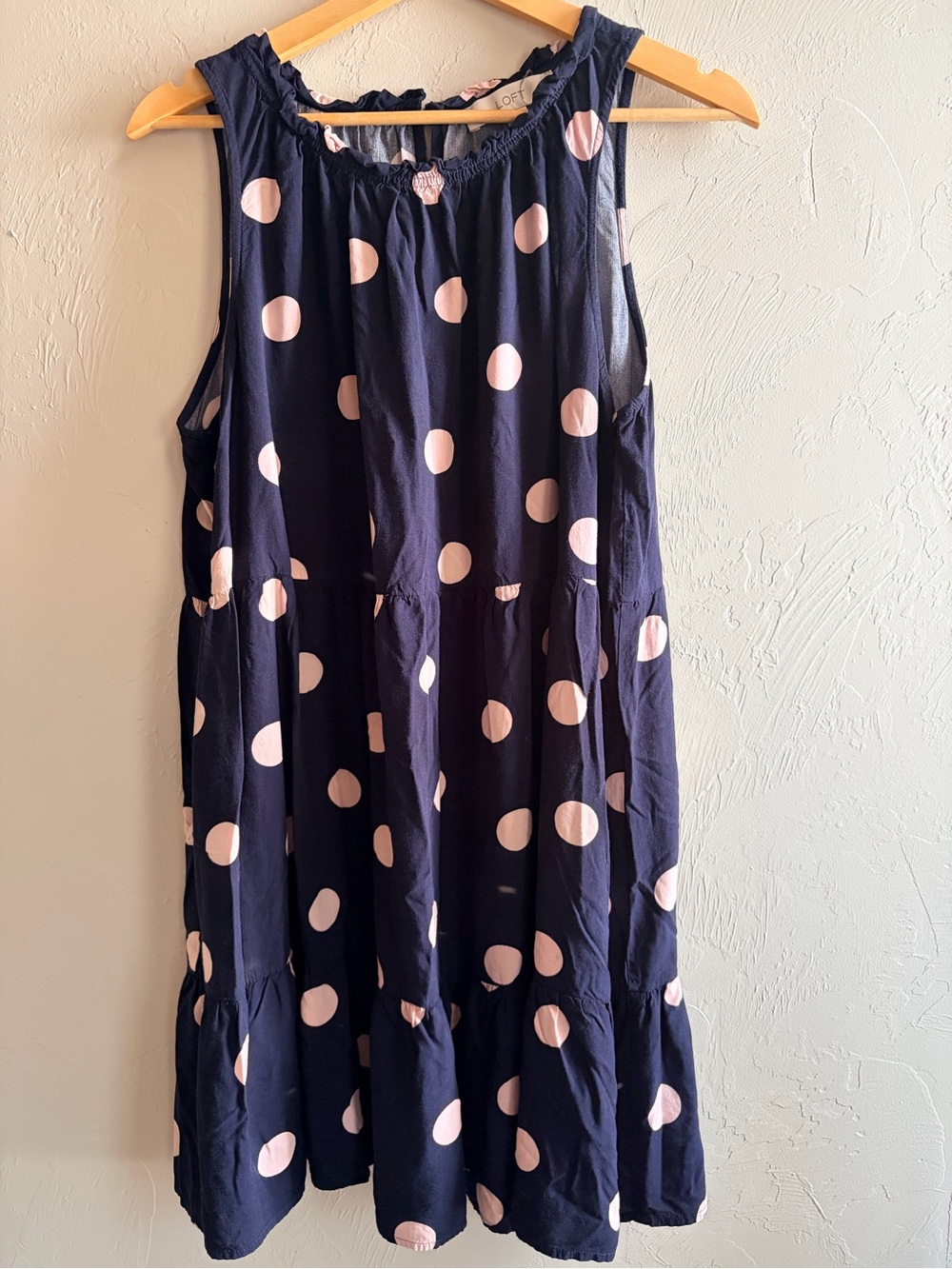 LOFT Navy/Pink Polka Dot Sleeveless Sheath Knee Length Rayon Dress Teacher Sz L